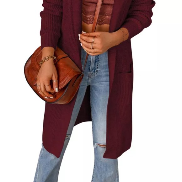 Hooded Knit Cardigan Jacket Burgundy - Picture 2 of 6